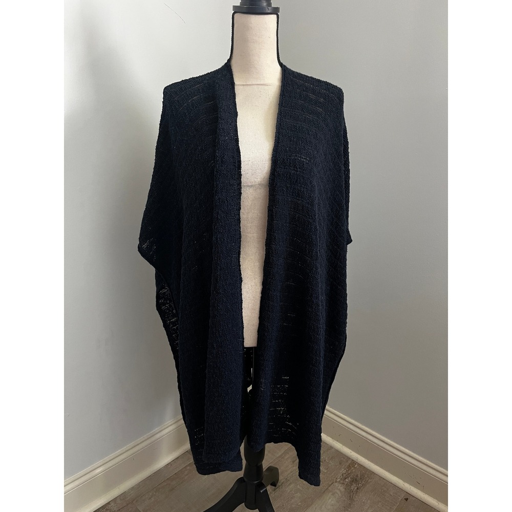 Navy Blue Pointelle Knit Cardigan Open Front Poncho Office Chic Boho Minimalist